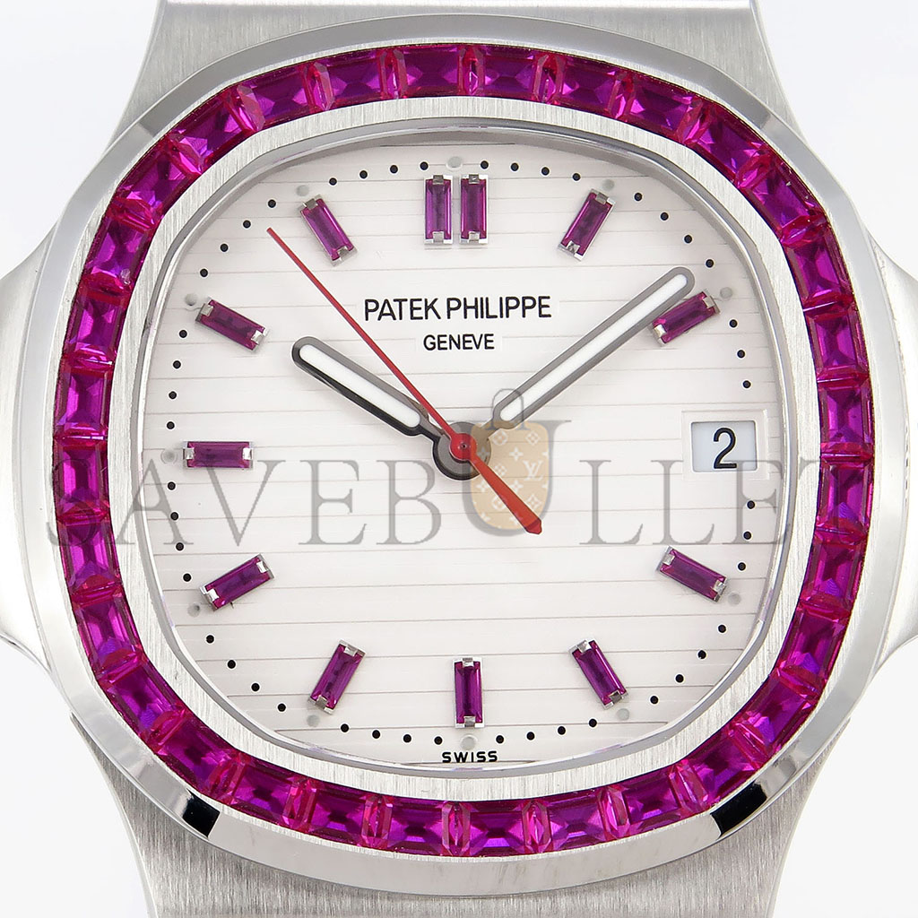 PATEK PHILIPPE NAUTILUS EDITION WHITE DIAL PURPLE DIAMONDS BEZEL ON WATCH 5711P